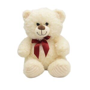 Kelly Toys Cream White Teddy Bear Plush Stuffed Animal Red Bow Chenille Foot Pad